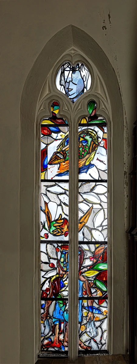 Lüpertzfenster in der Kirche St. Elisabeth Bamberg - Aussätzige, Obdachlose beherbergen Lüpertzfenster in der Kirche St. Elisabeth Bamberg - Aussätzige, Obdachlose beherbergen
