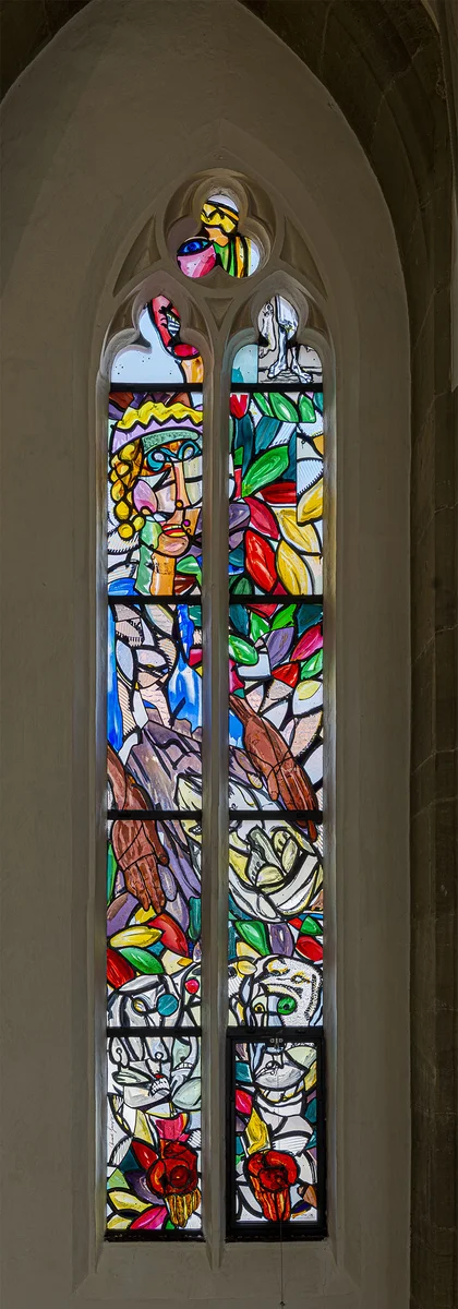 Lüpertzfenster in der Kirche St. Elisabeth Bamberg - Begleitung des Leichenzugs, Kranke besuchen Lüpertzfenster in der Kirche St. Elisabeth Bamberg - Begleitung des Leichenzugs, Kranke besuchen