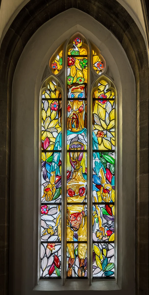 Lüpertzfenster in der Kirche St. Elisabeth Bamberg - Süßer Jesus tot + Auferstehung, Nackte bekleiden Lüpertzfenster in der Kirche St. Elisabeth Bamberg - Süßer Jesus tot + Auferstehung, Nackte bekleiden