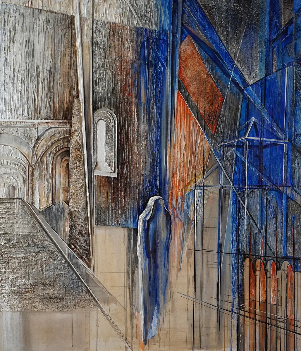 "Frauen.Taten.Werke" - Ausstellung im diözesanmuseum Bamberg 2023.  Auf drei Bildtafeln begegnen wir der Kaiserin und Bistumsgründerin Kunigunde. Im meditativ anmutenden Zentralgemälde steht die Atmosphäre im Mittelpunkt.