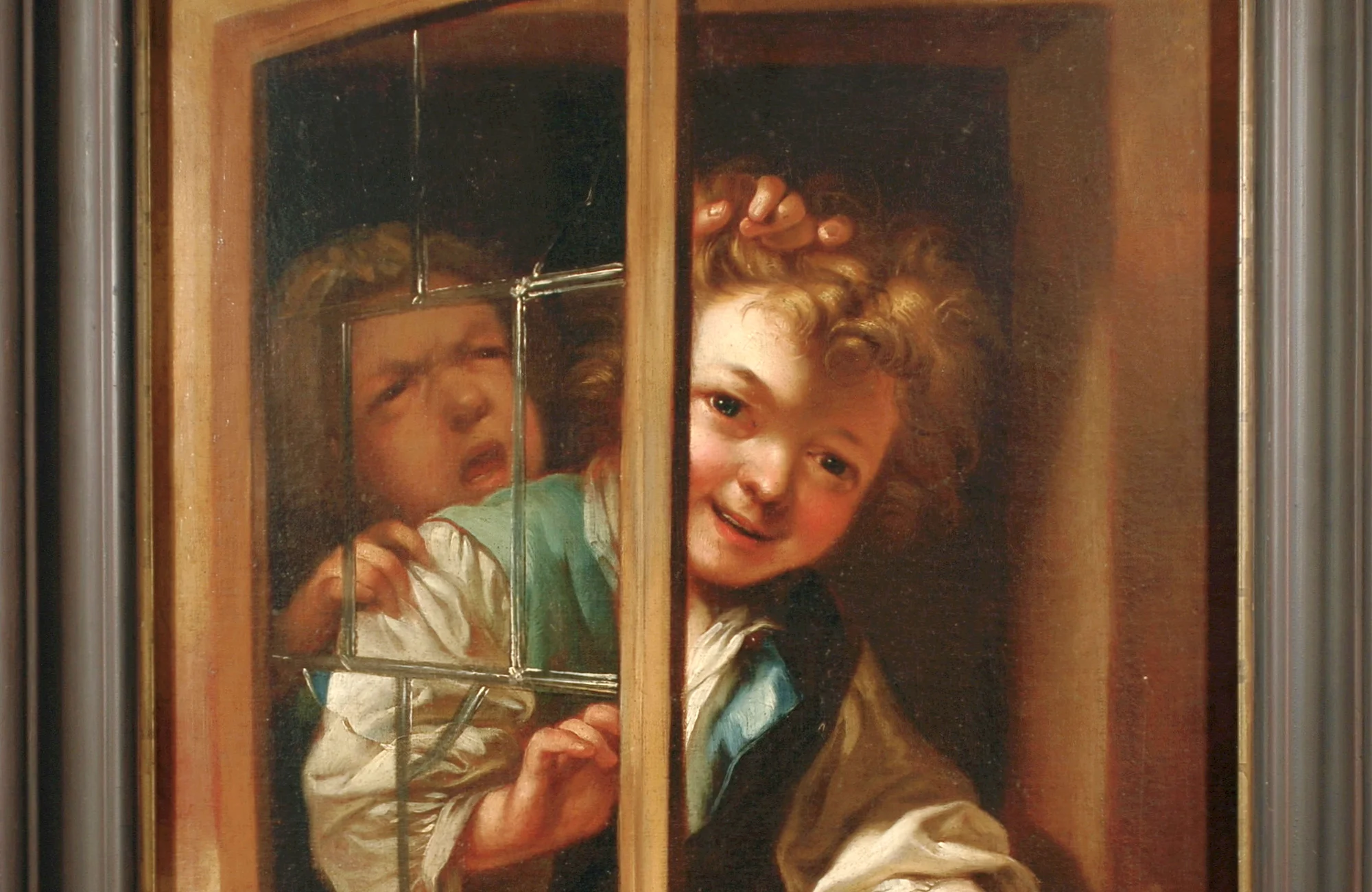 „Treu“ Johann Nicolaus Treu, Kinderpaar am Fenster, Öl auf Leinwand, um 1760