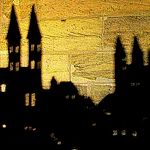 Eine Szene im Schattentheater in Bamberg. Die Konturen des Doms sind als Schatten auf die Sandsteinmauer der Katharinenkapelle geworfen.