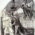 Alexej Borutscheff: Faust und Gretchen vor dem Gabelmann-Brunnen und Sankt Martin in Bamberg. Zeichnung, 1961/1970. Staatsbibliothek Bamberg, Msc.Add.1025(B 6,1-7
