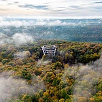 Der Baumwipfelpfad bei Ebrach mitten im herbstlichen, nebelverhangenen Steigerwald